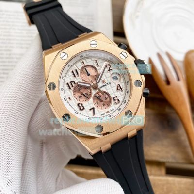 Audemars Piguet Royal Oak Offshore Rose Gold Replica Watch White Dial Black Rubber 42MM